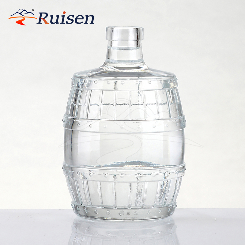 Unique Barrels Shape 500ml clear Glass Wine Bottle Wholesale Whisky Spirit Bottle Sake Bottle