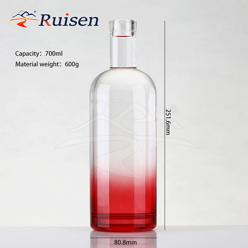 High Quality Custom New Craft 700ml  Spirits Whiskey Vodka Brandy Gradient Glass Bottle With Cork Cover