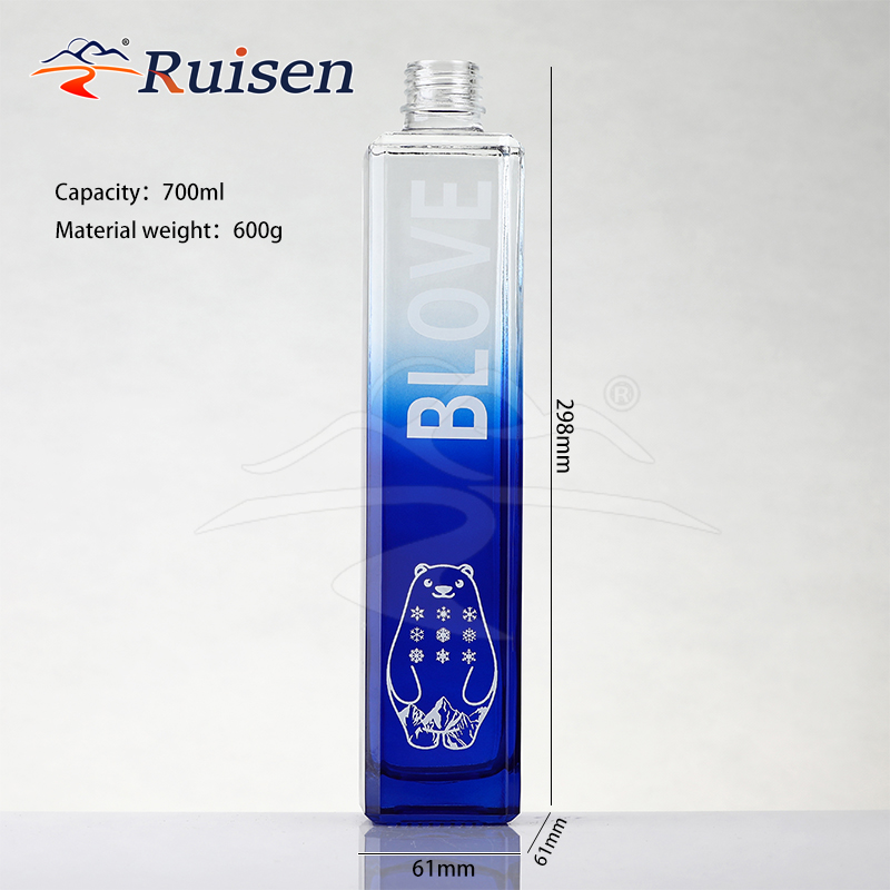 750ml 700ml Blue Gradient Glass Beverage Bottle With Polar Bear Engraving For Premium Drink Packaging And Branded Gift Marketing